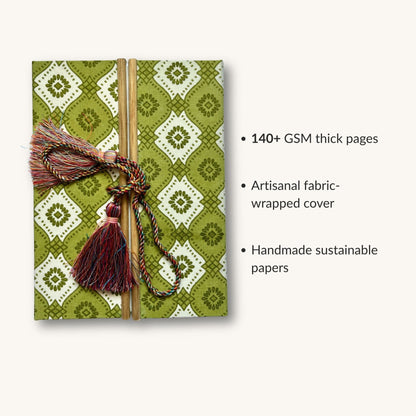Geometric Tile Green Diary showing fabric cover and handmade paper details