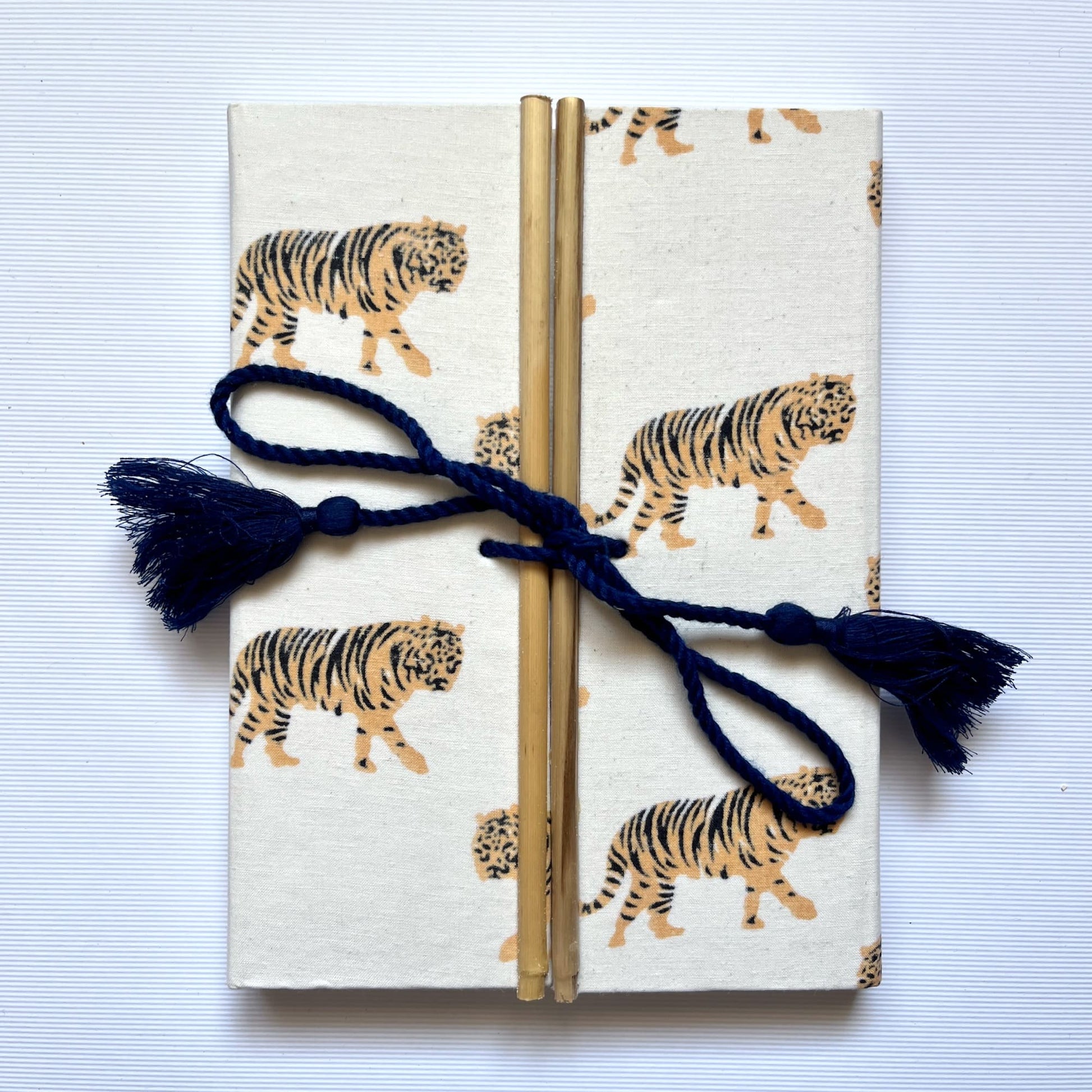 Tiger Print Yellow Diary, 6 by 8 inch handmade fabric cover – front cover view