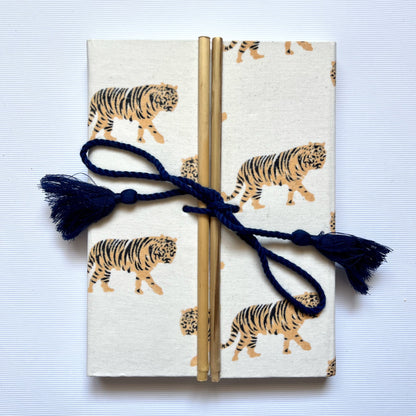 Tiger Print Yellow Diary, 6 by 8 inch handmade fabric cover – front cover view