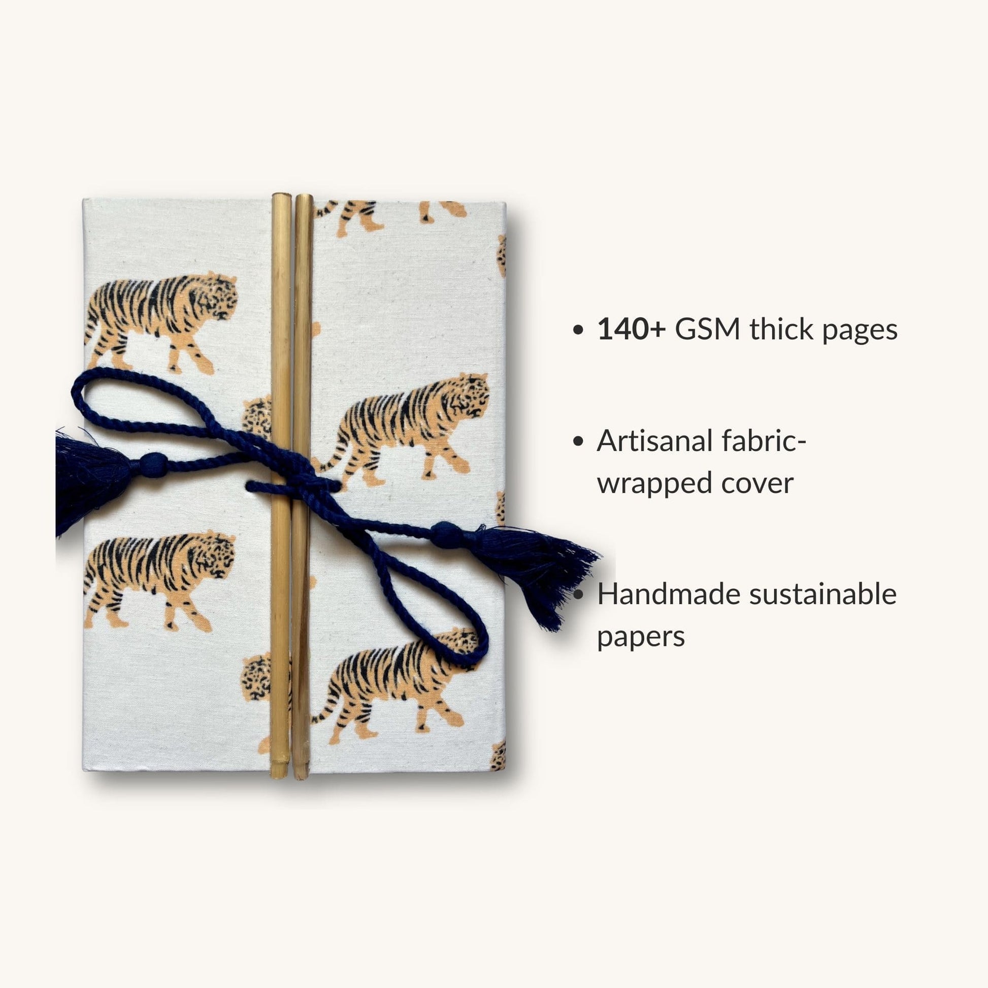 Tiger Print Yellow Diary showing fabric cover and handmade paper details