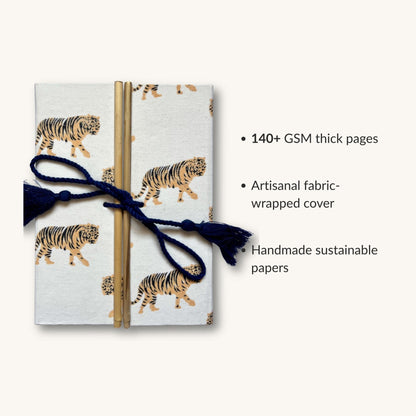 Tiger Print Yellow Diary showing fabric cover and handmade paper details