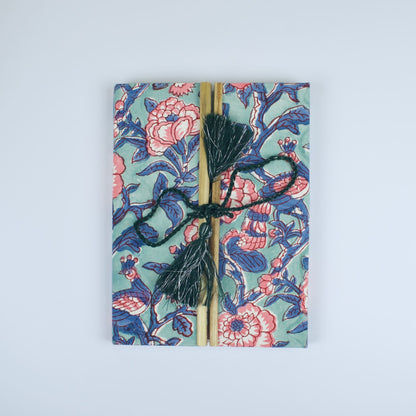 Mandala Floral Blue Diary, 6 by 8 inch handmade fabric cover – front cover view