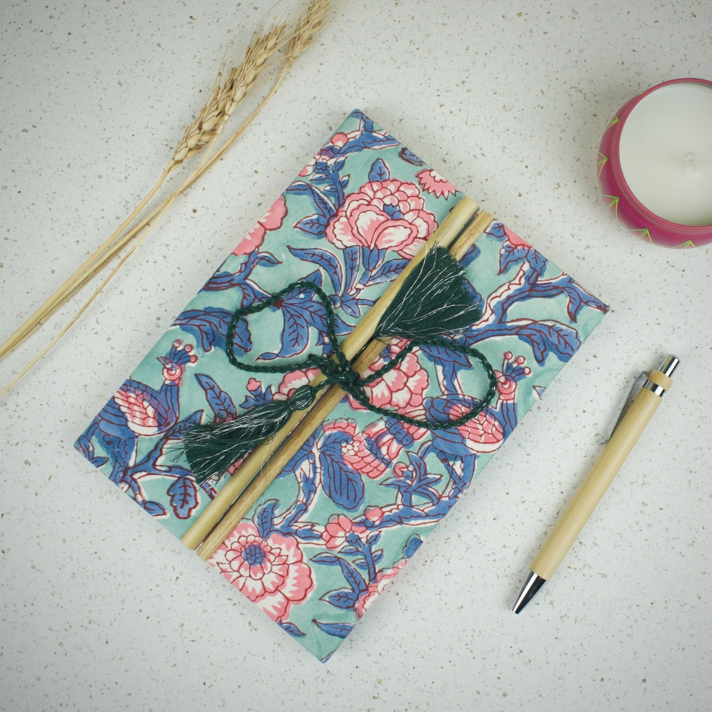 Mandala Floral Blue Diary styled flatlay with writing accessories