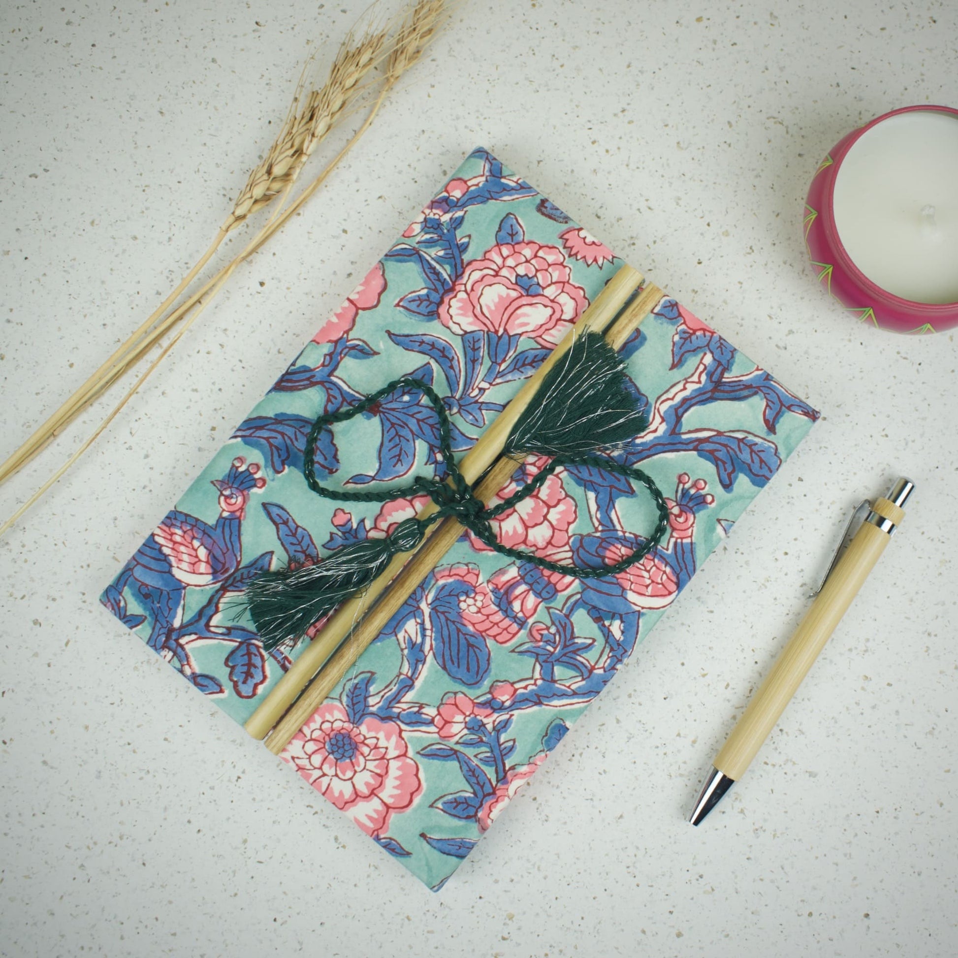 Mandala Floral Blue Diary styled flatlay with writing accessories