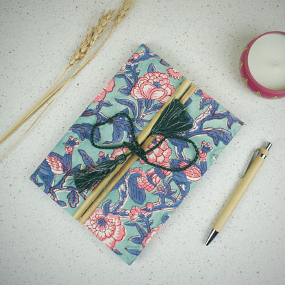 Mandala Floral Blue Diary styled flatlay with writing accessories