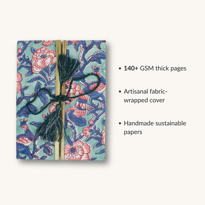 Mandala Floral Blue Diary showing fabric cover and handmade paper details
