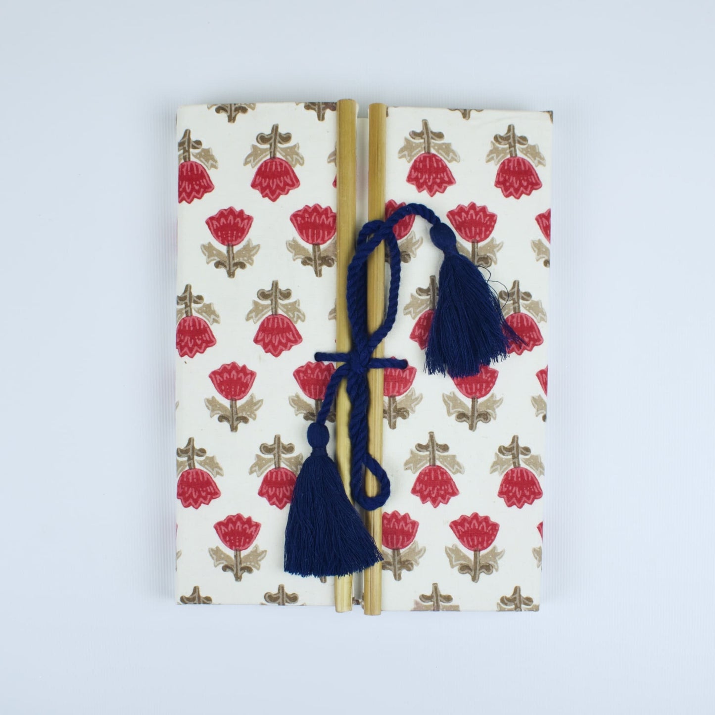 Block Floral Red Diary, 6 by 8 inch handmade fabric cover – front cover view