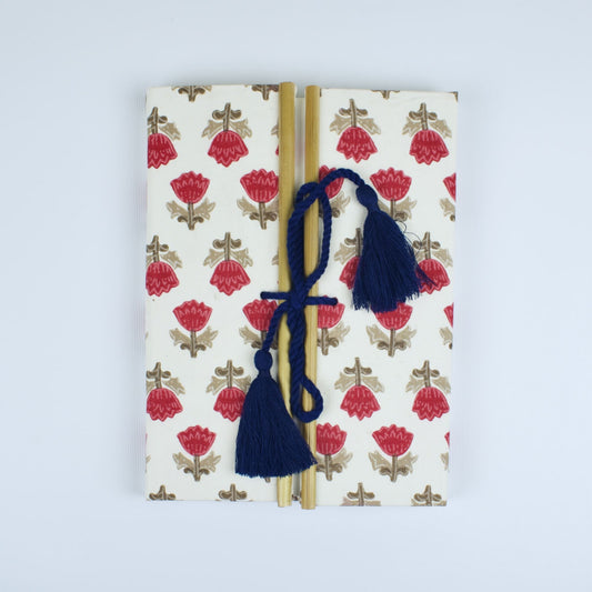 Block Floral Red Diary, 6 by 8 inch handmade fabric cover – front cover view
