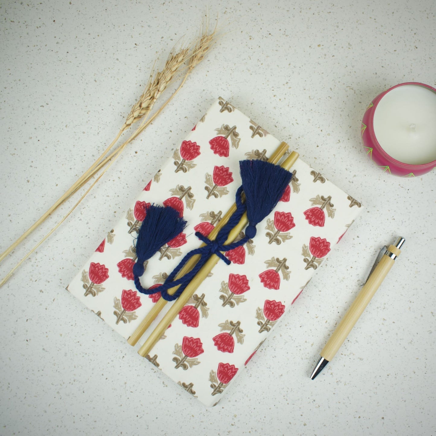 Block Floral Red Diary styled flatlay with writing accessories
