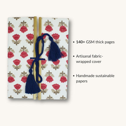 Block Floral Red Diary showing fabric cover and handmade paper details