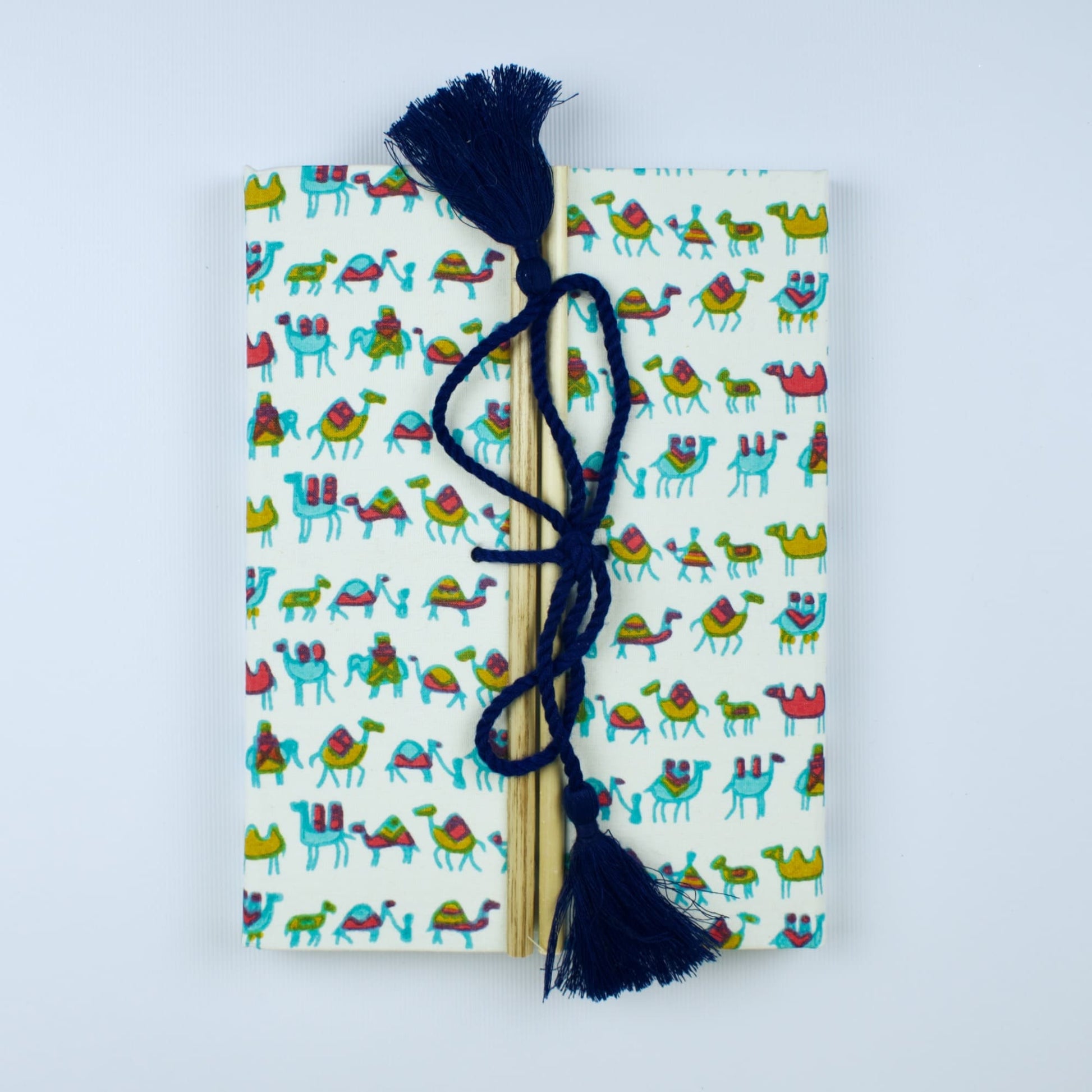 Camel Print Blue Diary, 6 by 8 inch handmade fabric cover – front cover view
