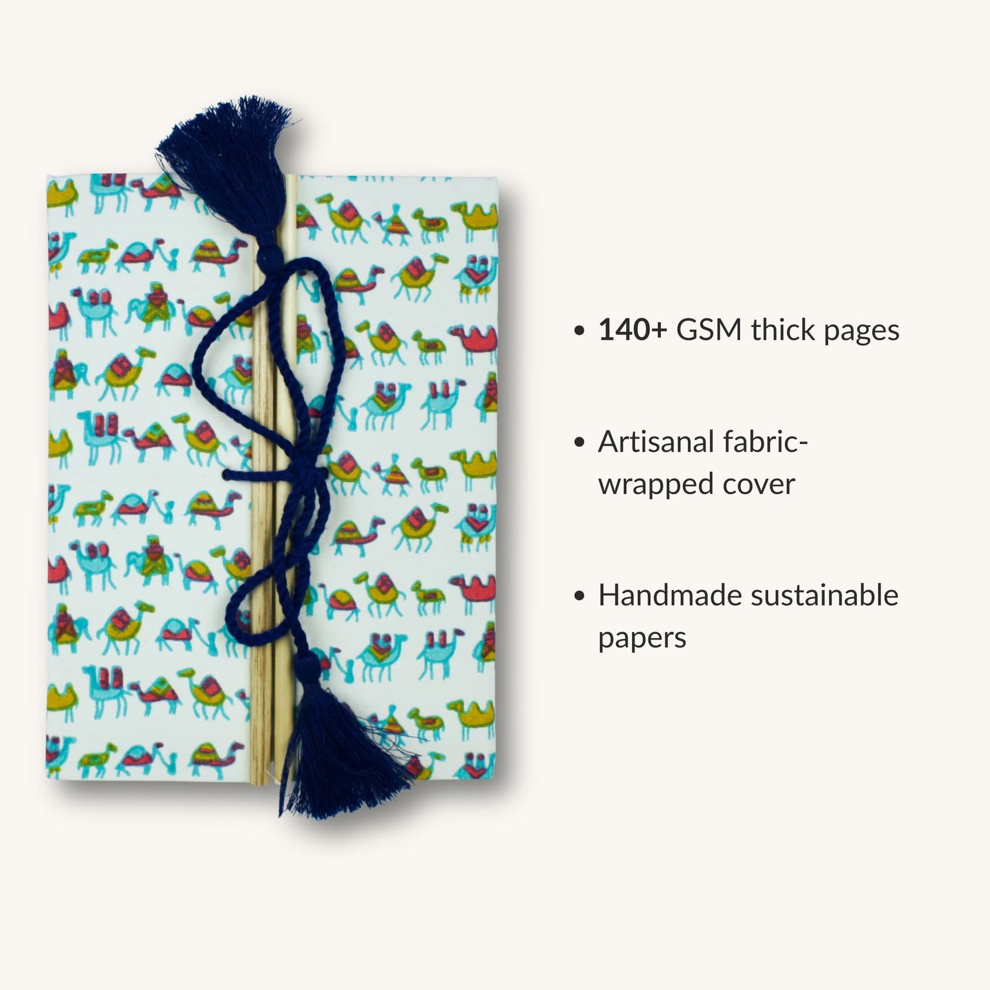 Camel Print Blue Diary showing fabric cover and handmade paper details