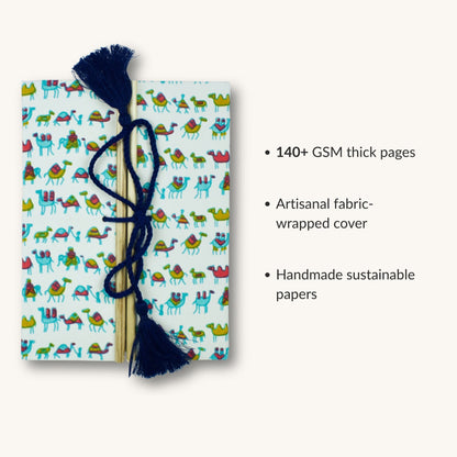 Camel Print Blue Diary showing fabric cover and handmade paper details