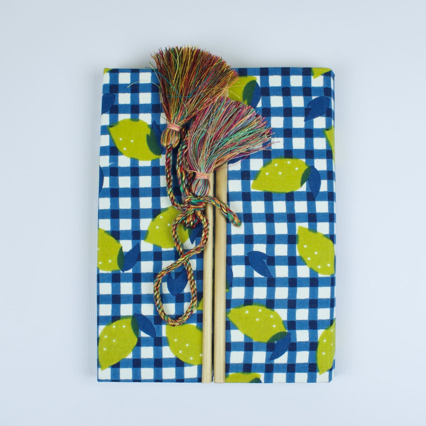 Check Leaf Blue Diary, 6 by 8 inch handmade fabric cover – front cover view