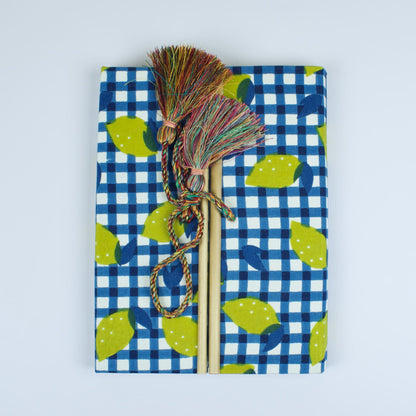 Check Leaf Blue Diary, 6 by 8 inch handmade fabric cover – front cover view