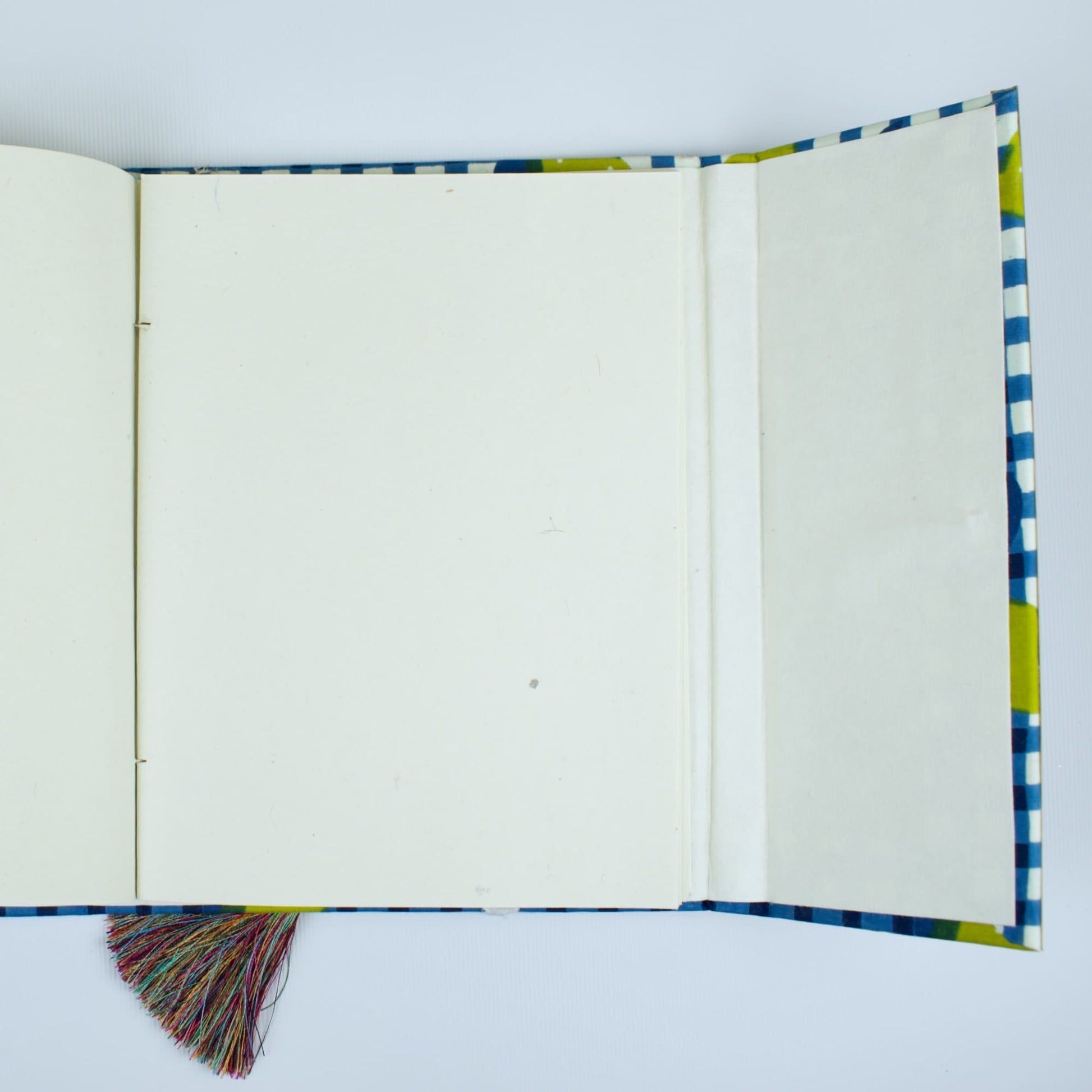 Check Leaf Blue Diary opened to show handmade paper pages