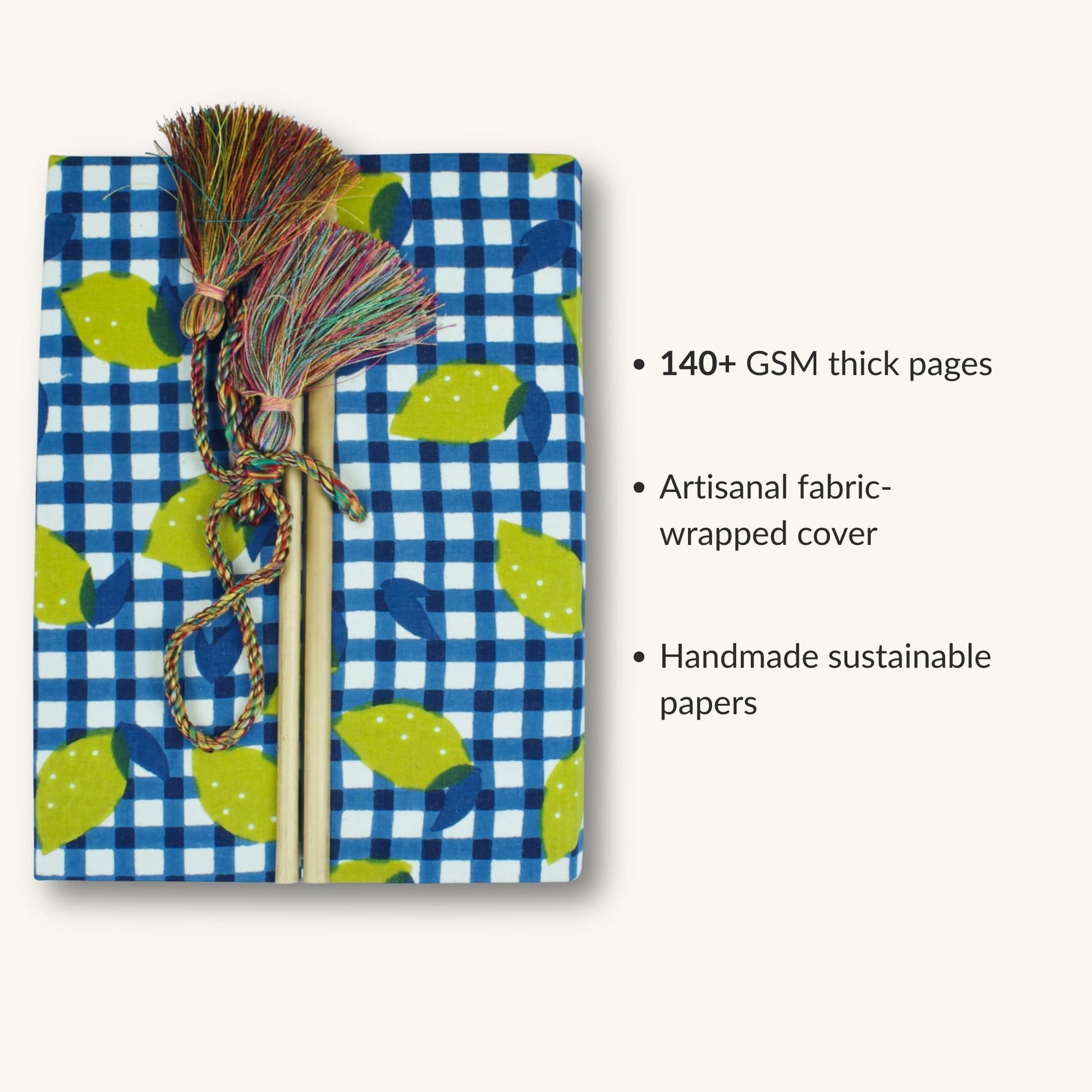 Check Leaf Blue Diary showing fabric cover and handmade paper details