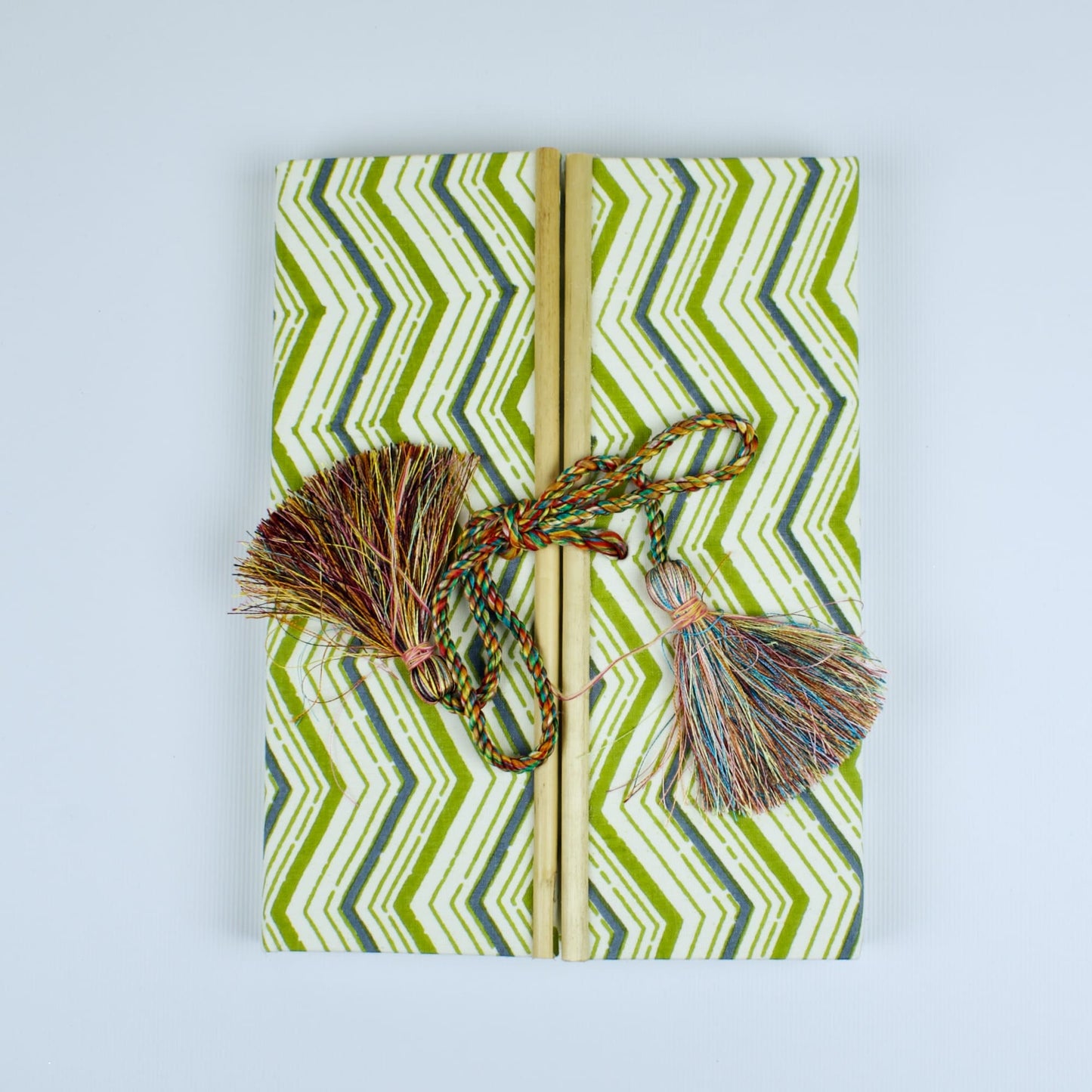Chevron Pattern Green Diary, 6 by 8 inch handmade fabric cover – front cover view