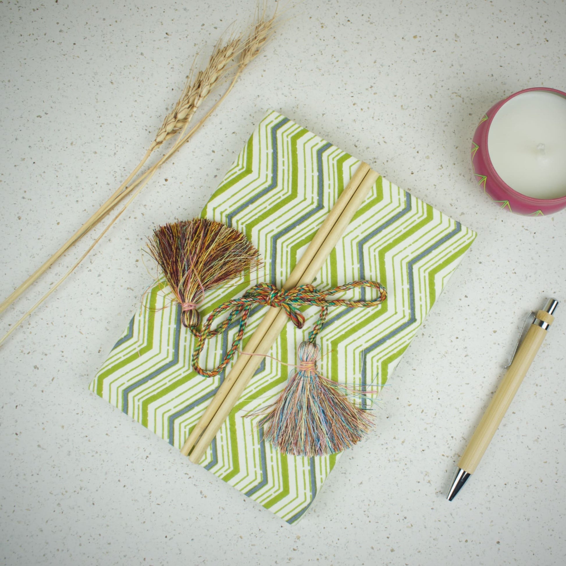 Chevron Pattern Green Diary styled flatlay with writing accessories