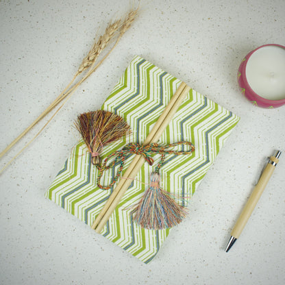 Chevron Pattern Green Diary styled flatlay with writing accessories