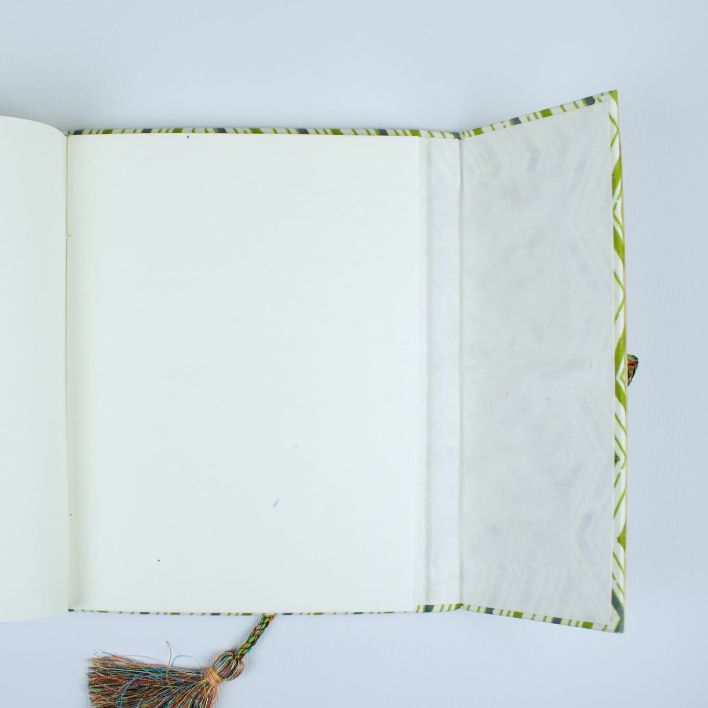 Chevron Pattern Green Diary opened to show handmade paper pages