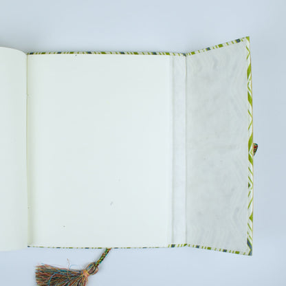 Chevron Pattern Green Diary opened to show handmade paper pages