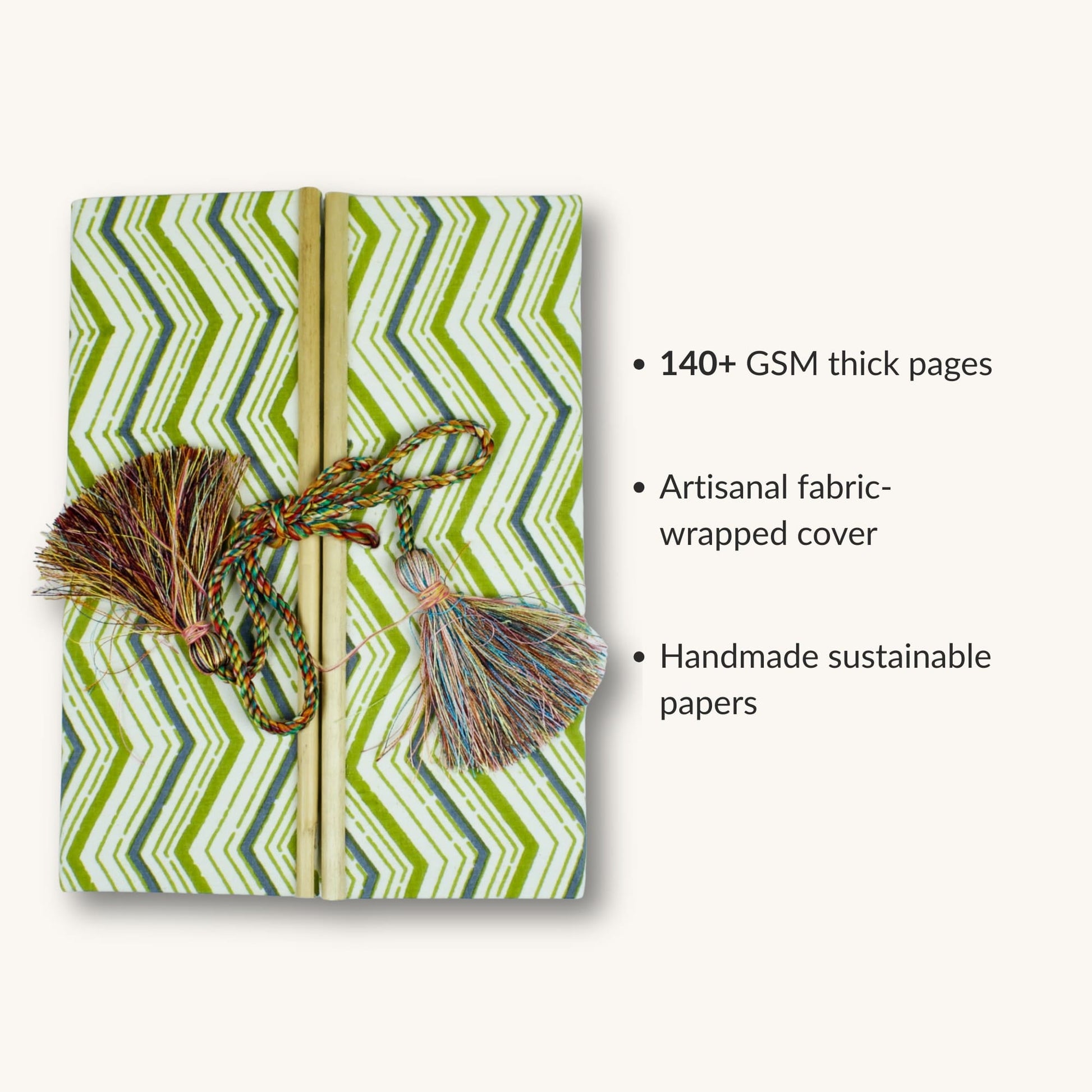 Chevron Pattern Green Diary showing fabric cover and handmade paper details