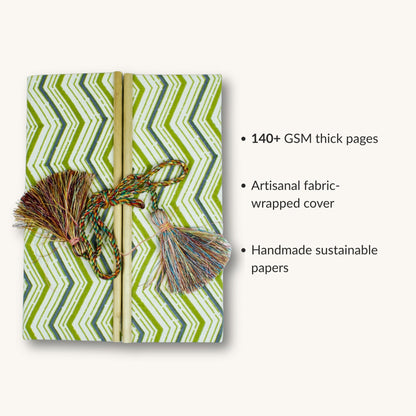 Chevron Pattern Green Diary showing fabric cover and handmade paper details