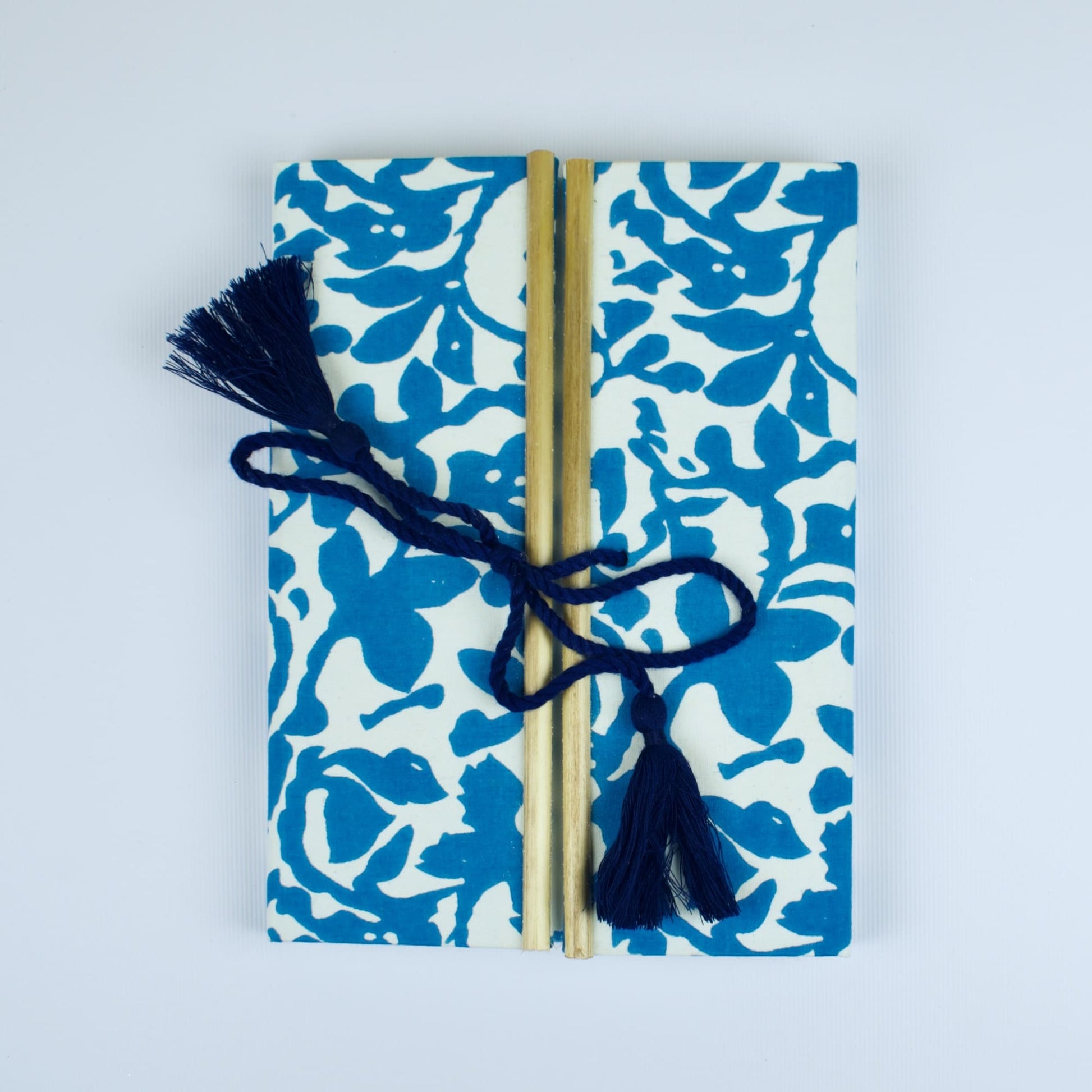 Floral Block Blue Diary, 6 by 8 inch handmade fabric cover – front cover view