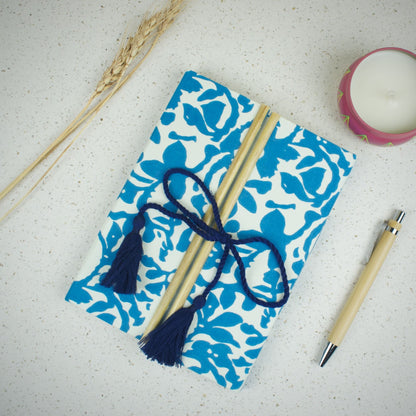 Floral Block Blue Diary styled flatlay with writing accessories