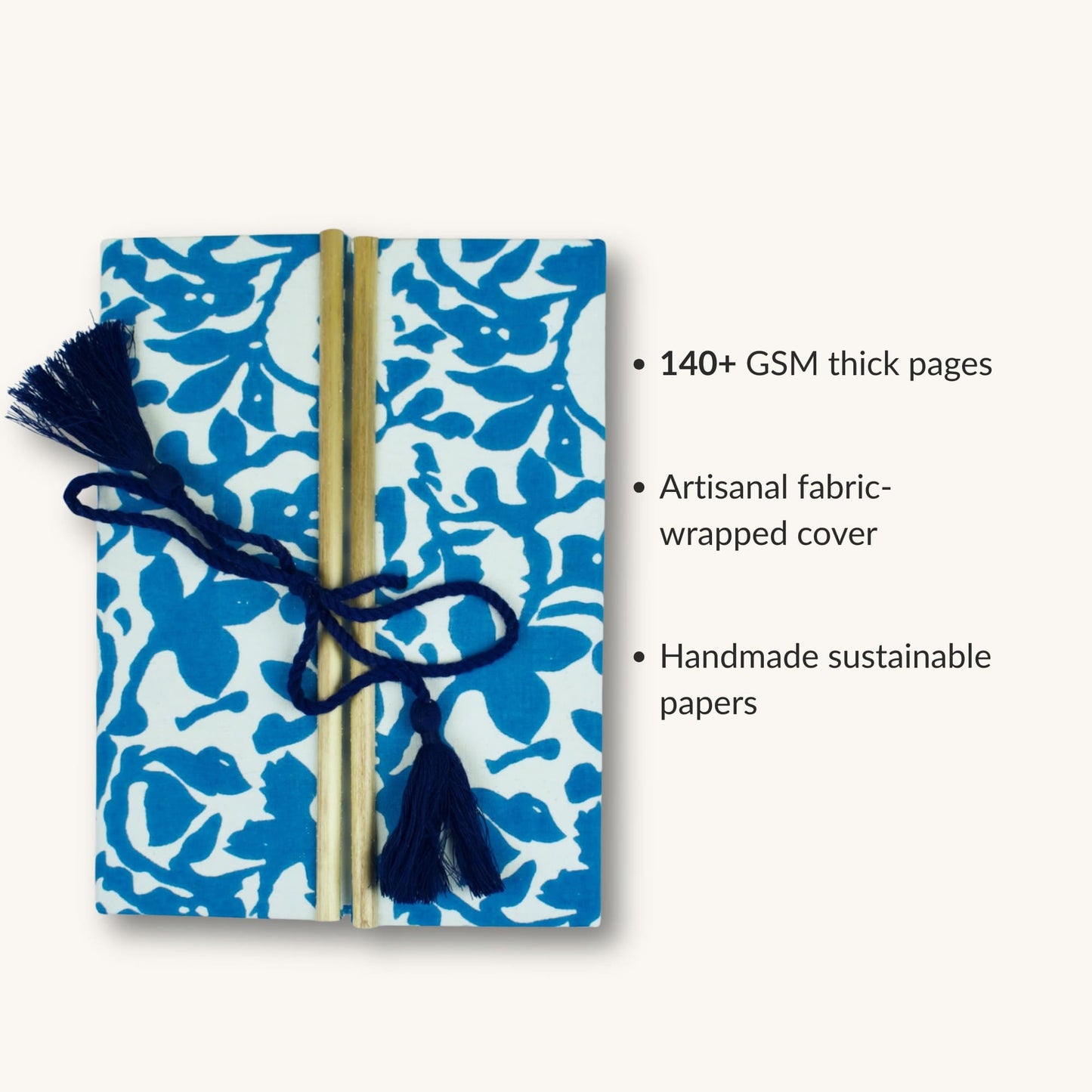 Floral Block Blue Diary showing fabric cover and handmade paper details