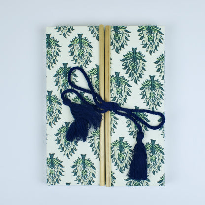 Botanical Leaf Green Diary, 6 by 8 inch handmade fabric cover – front cover view