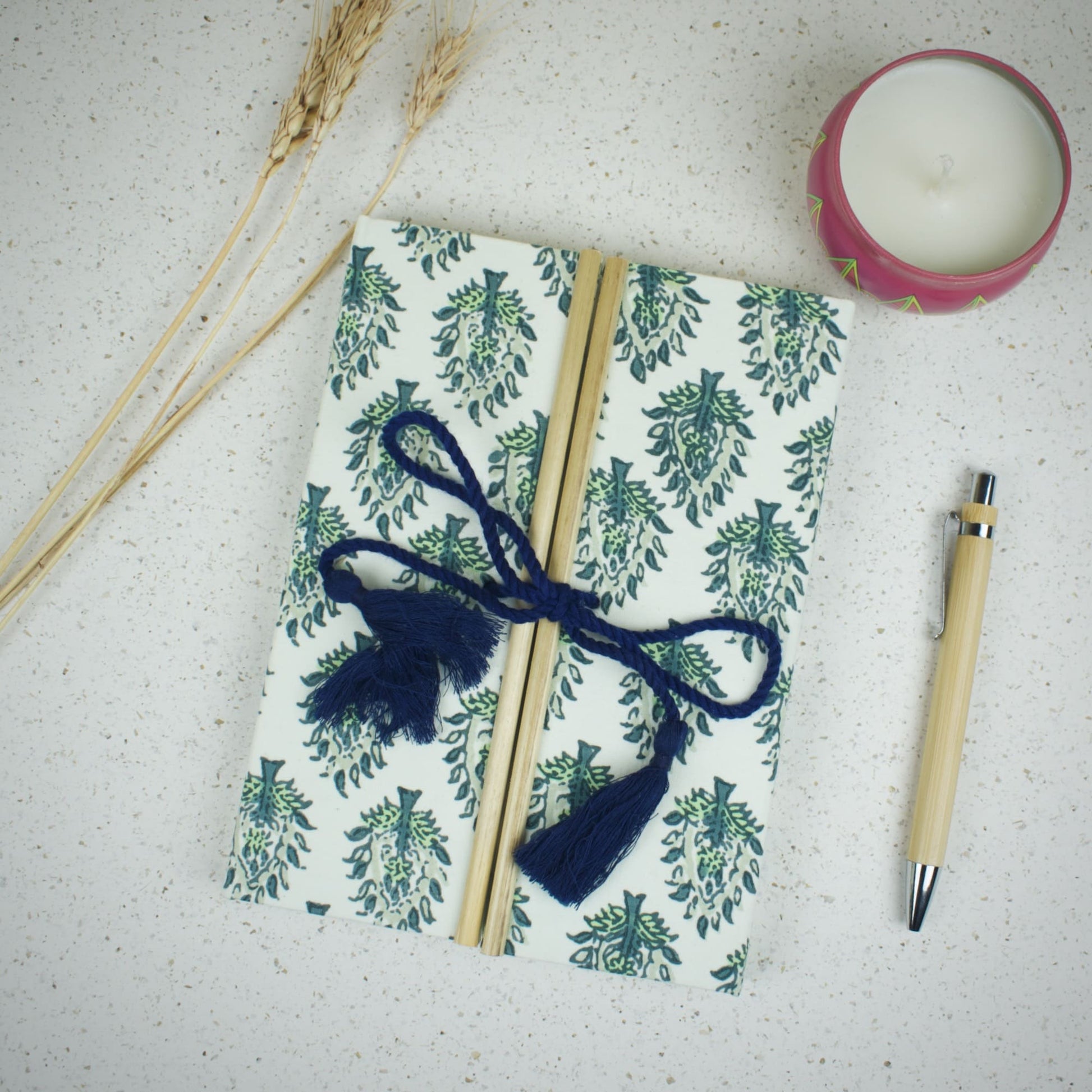 Botanical Leaf Green Diary styled flatlay with writing accessories
