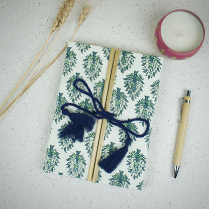 Botanical Leaf Green Diary styled flatlay with writing accessories