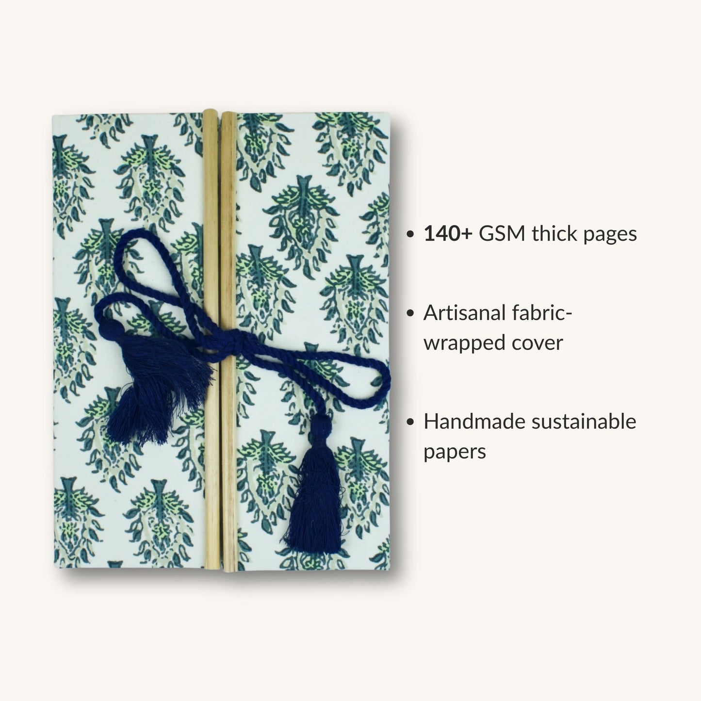 Botanical Leaf Green Diary showing fabric cover and handmade paper details