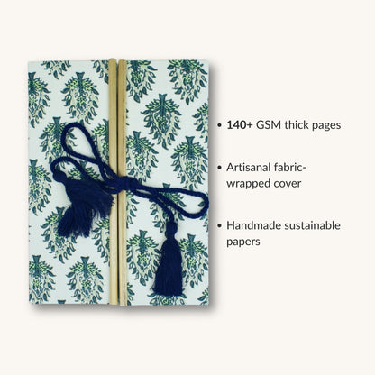 Botanical Leaf Green Diary showing fabric cover and handmade paper details
