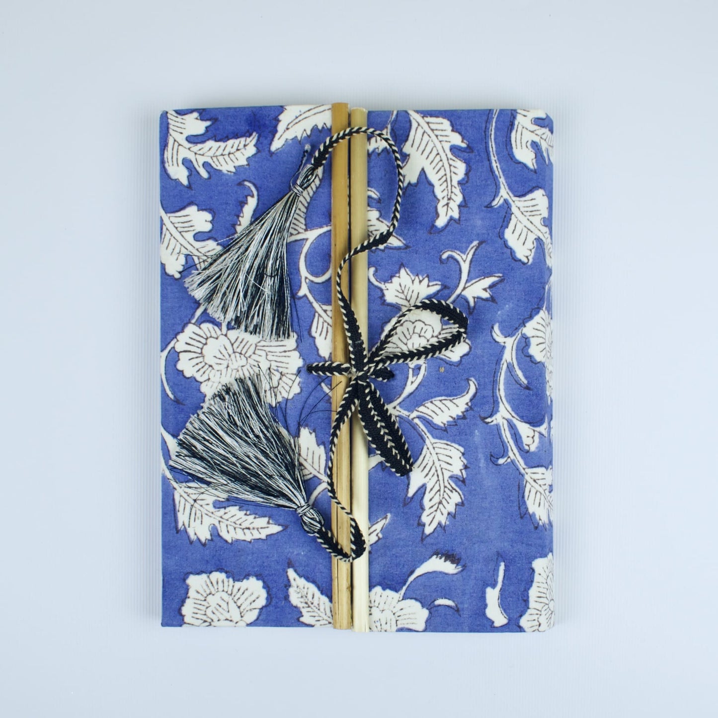 Floral Vine Blue Diary, 6 by 8 inch handmade fabric cover – front cover view