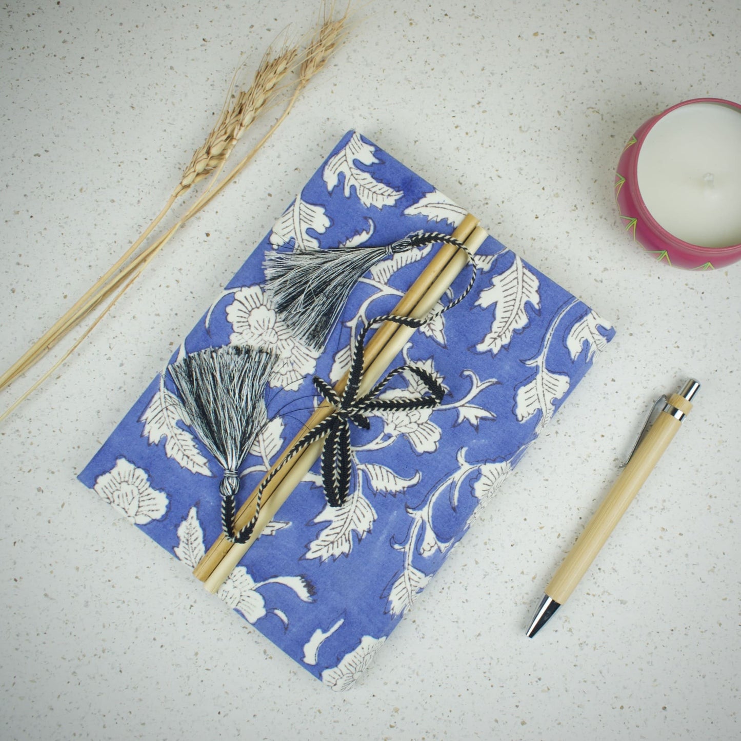 Floral Vine Blue Diary styled flatlay with writing accessories