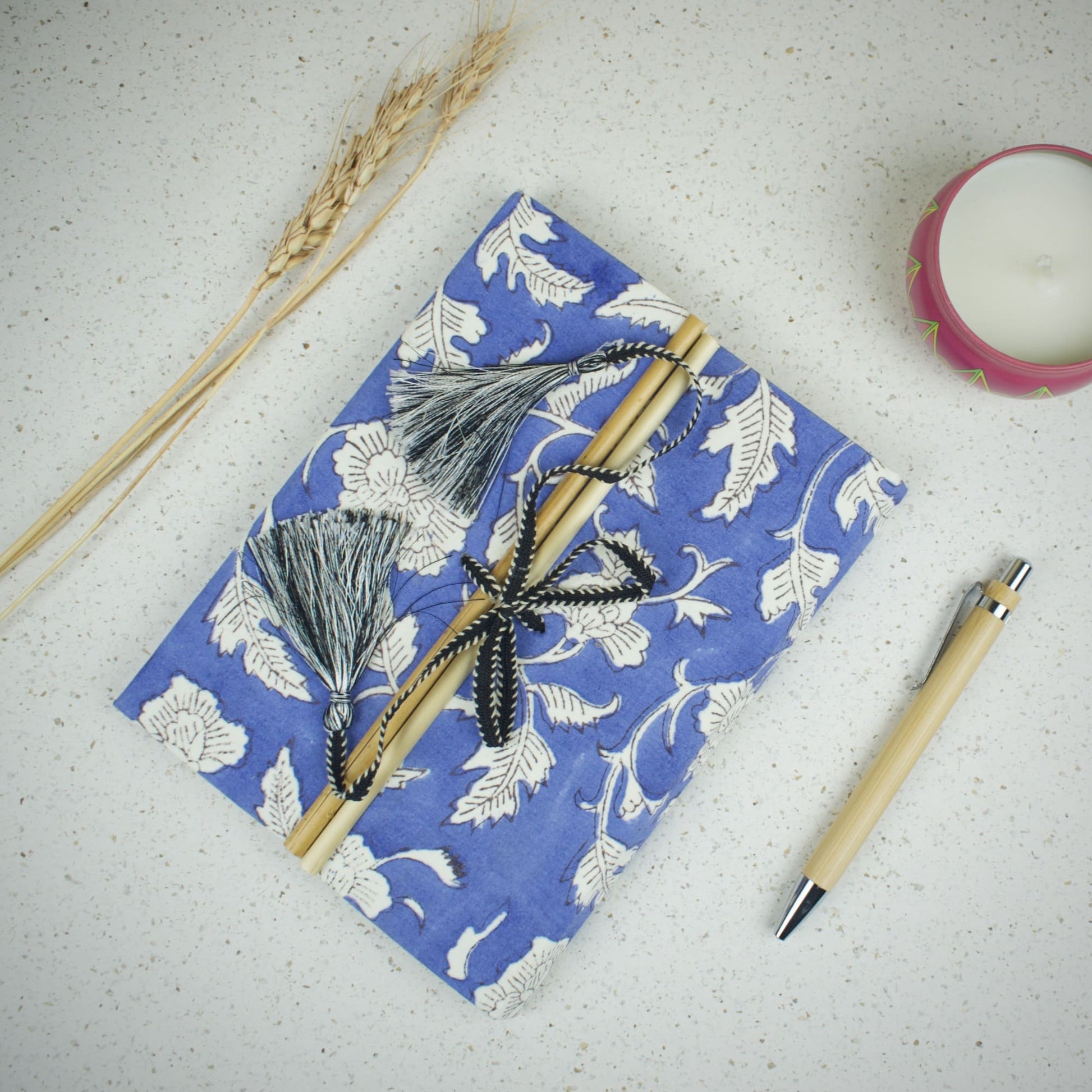 Floral Vine Blue Diary styled flatlay with writing accessories