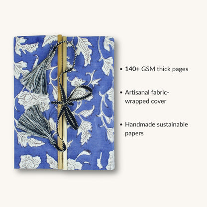 Floral Vine Blue Diary showing fabric cover and handmade paper details