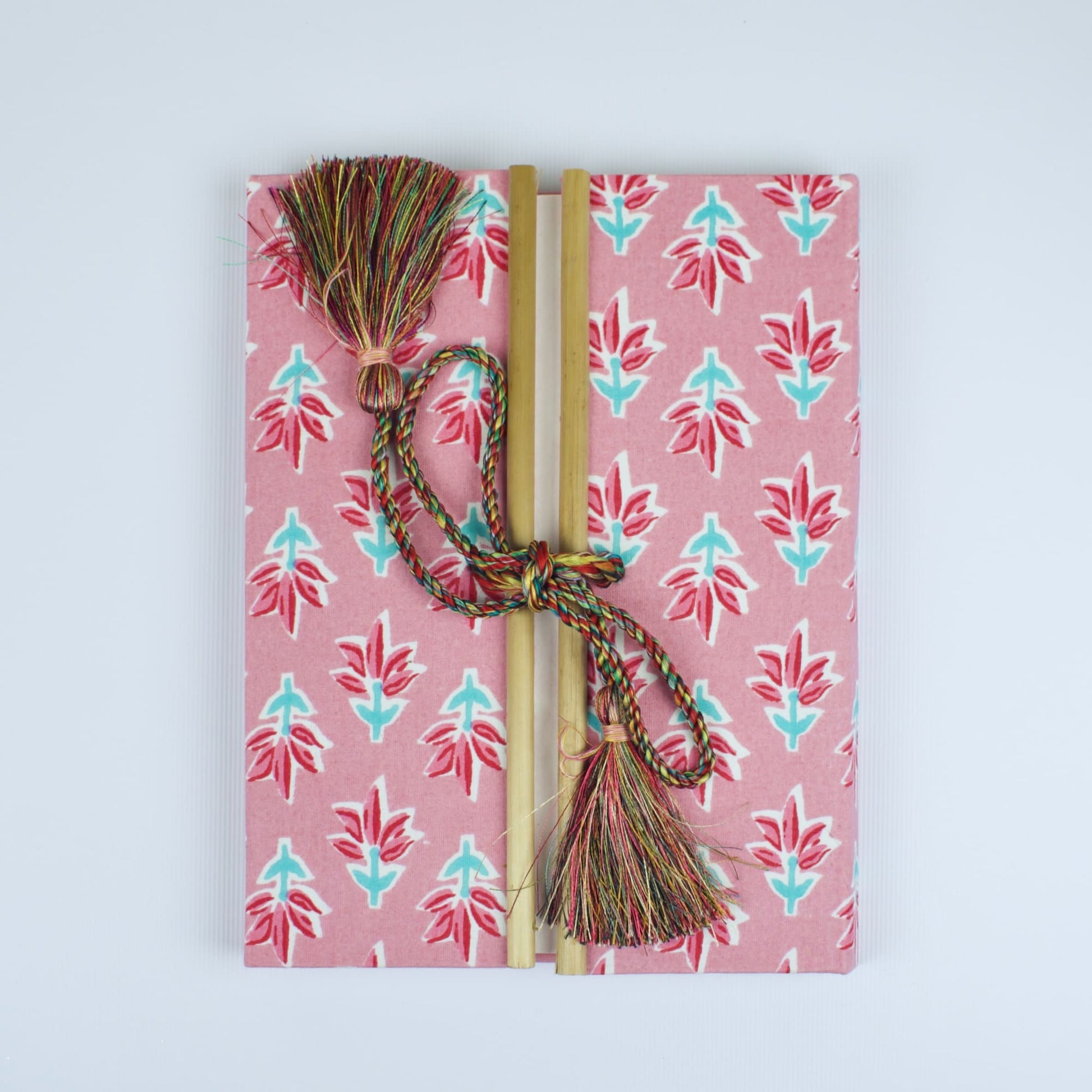 Block Floral Pink Diary, 6 by 8 inch handmade fabric cover – front cover view