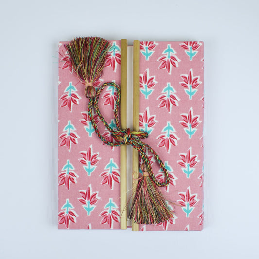 Block Floral Pink Diary, 6 by 8 inch handmade fabric cover – front cover view