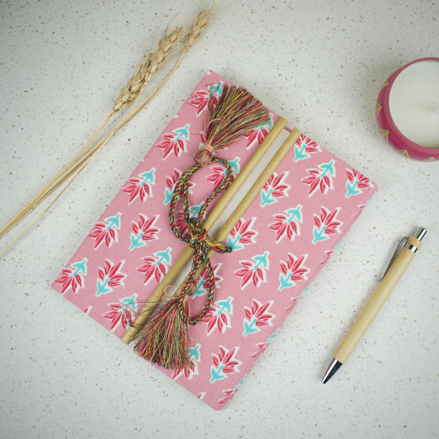 Block Floral Pink Diary styled flatlay with writing accessories