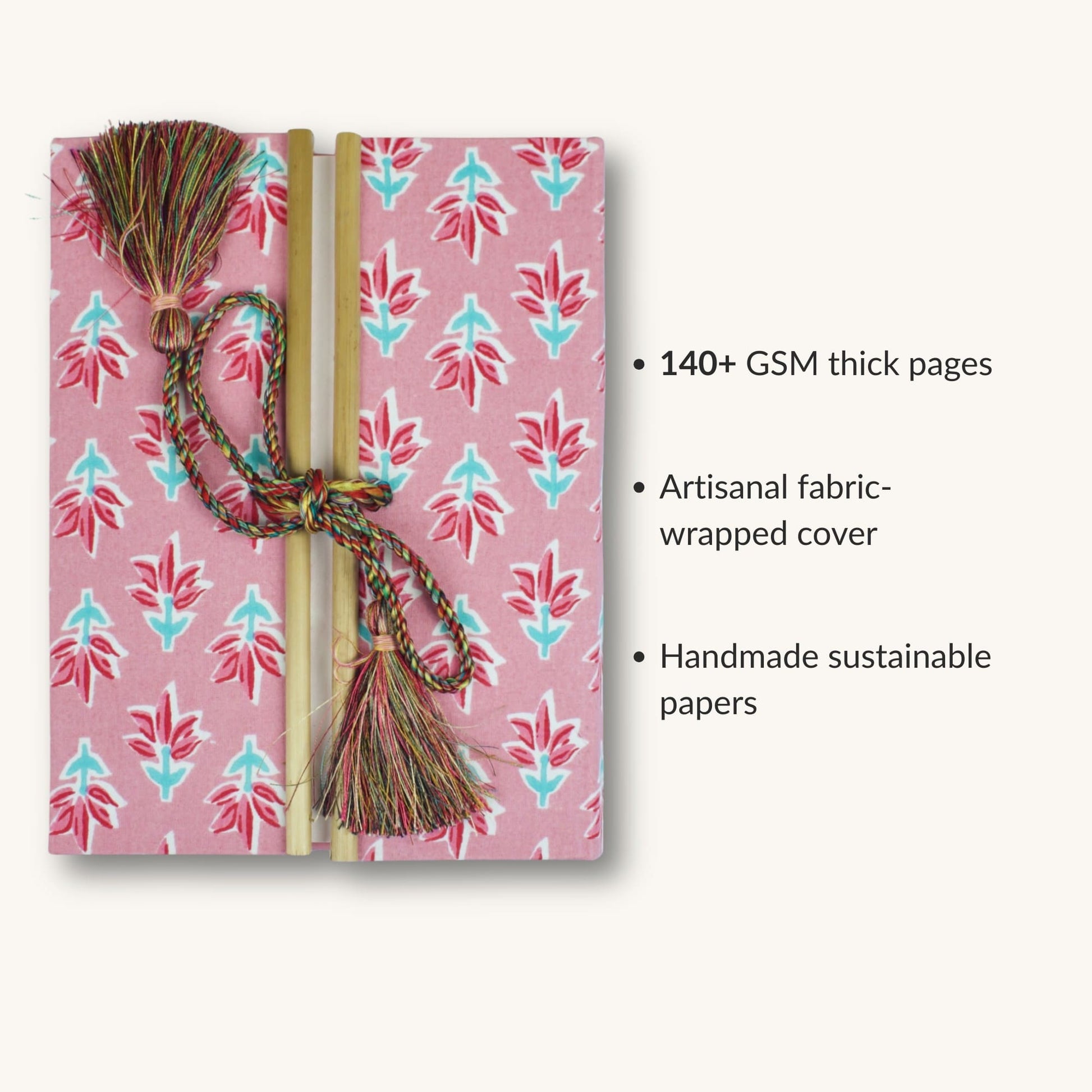 Block Floral Pink Diary showing fabric cover and handmade paper details