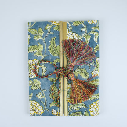 Mughal Floral Blue Diary, 6 by 8 inch handmade fabric cover – front cover view