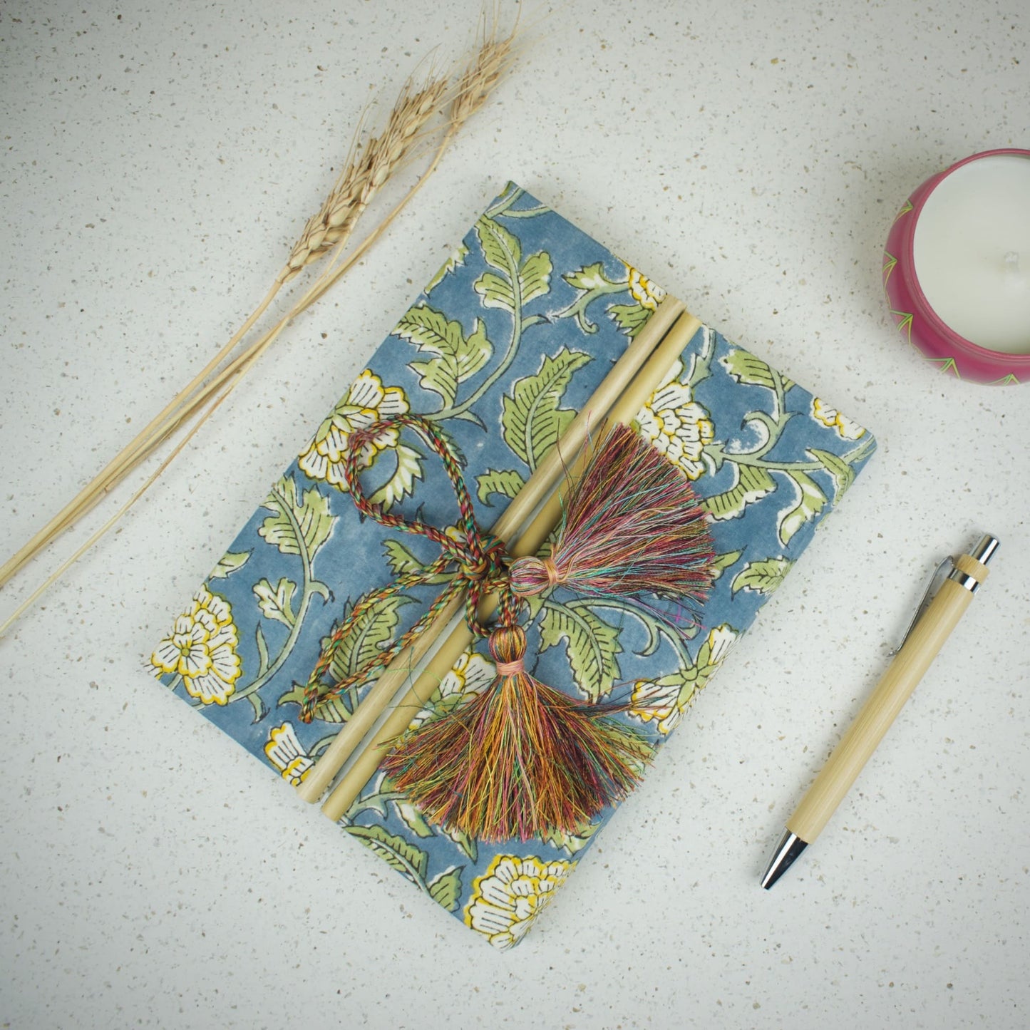 Mughal Floral Blue Diary styled flatlay with writing accessories