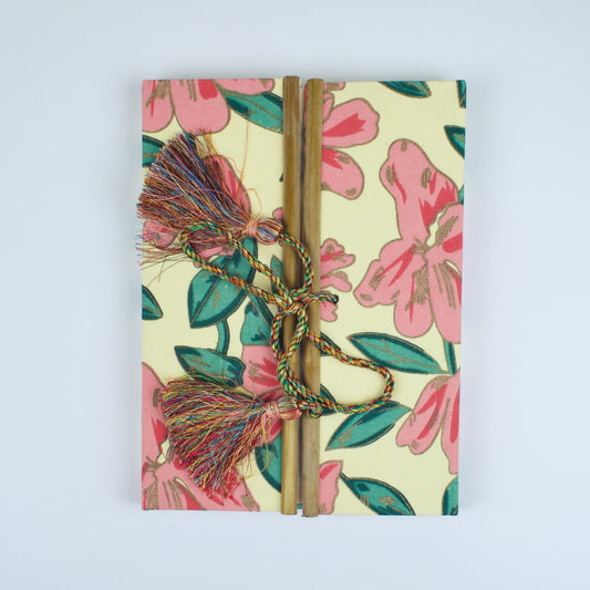 Tropical Floral Pink Diary, 6 by 8 inch handmade fabric cover – front cover view
