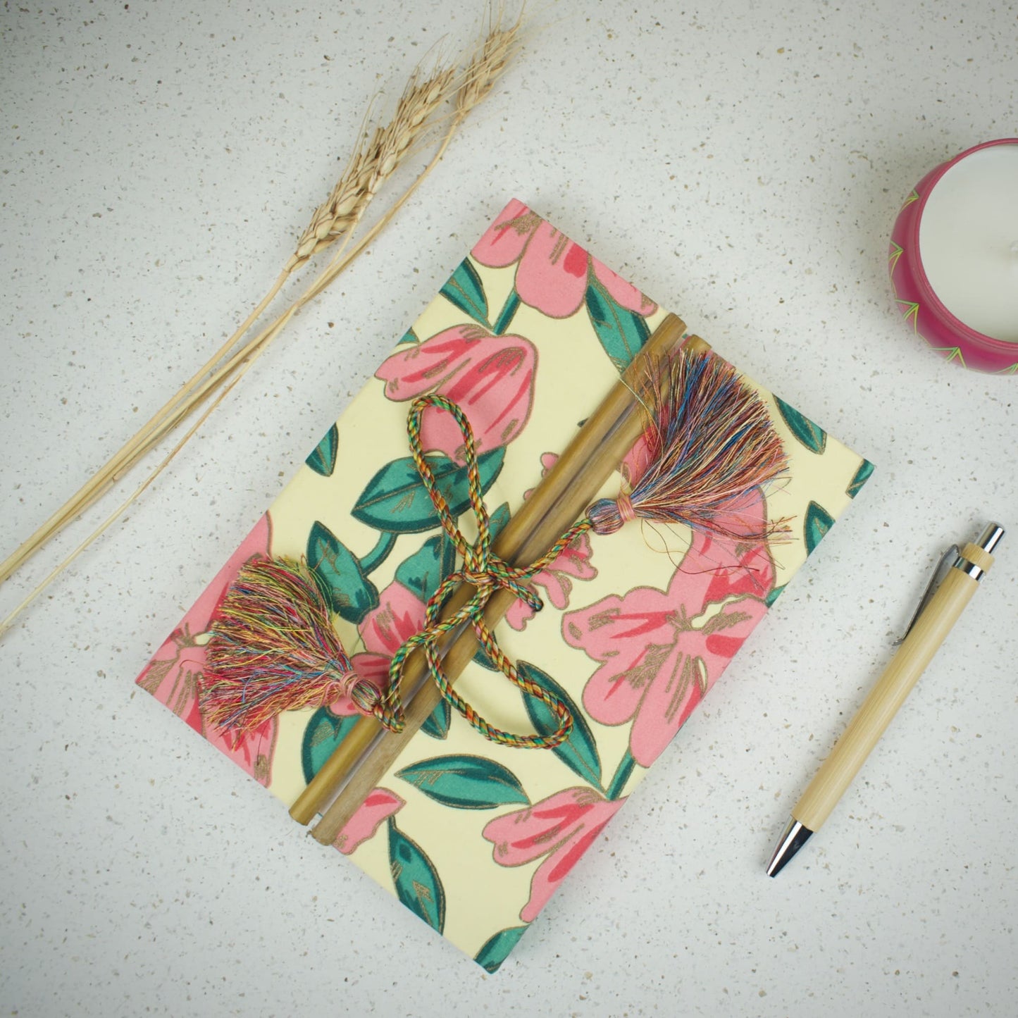 Tropical Floral Pink Diary styled flatlay with writing accessories