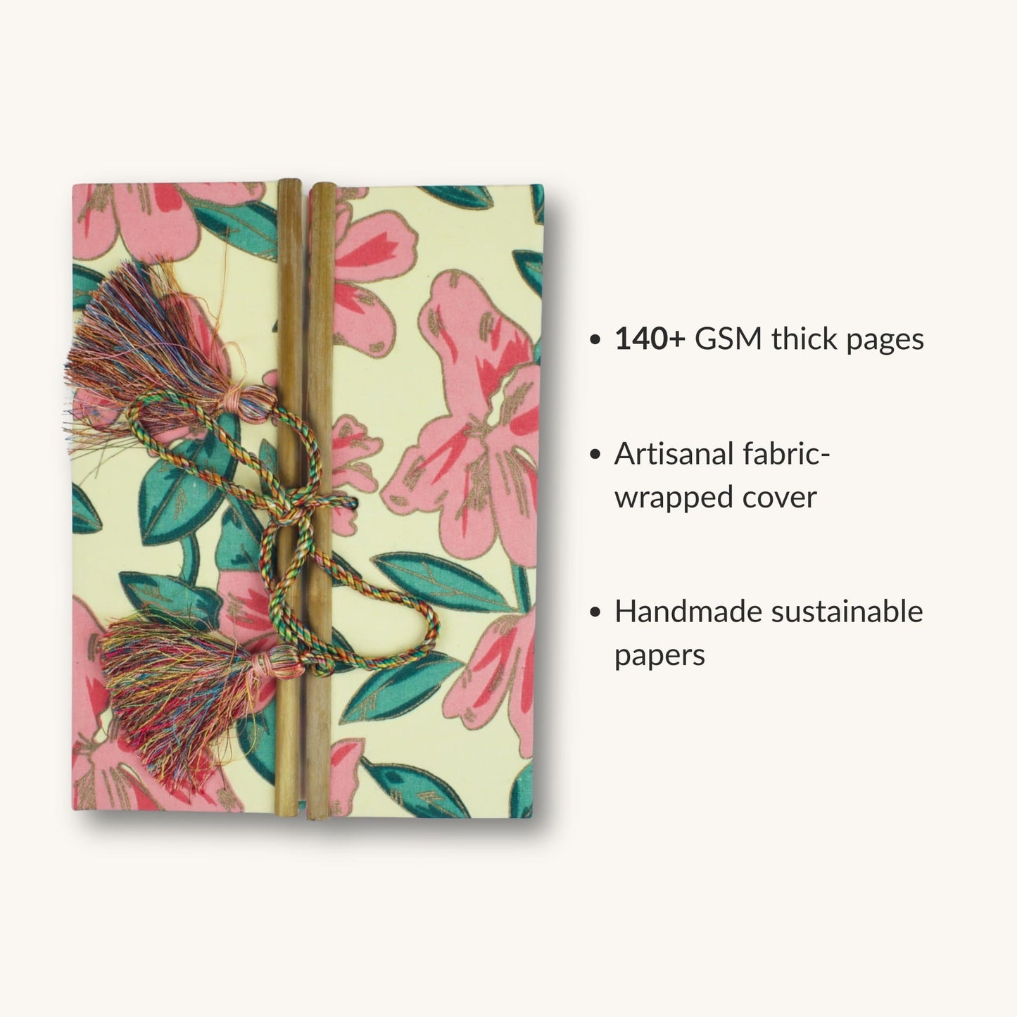 Tropical Floral Pink Diary showing fabric cover and handmade paper details