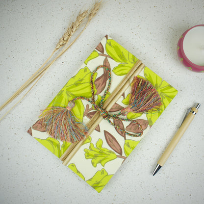 Floral Vine Green Diary styled flatlay with writing accessories